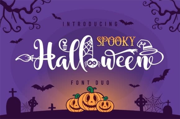 A font duo that pairs a handwritten script with a companion serif — one designed to carry the cute, decorative side of the season, the other to add a touch of structure so the combination doesn't drift too far into novelty territory.  Best for: Two-tone Halloween headers, layered Canva title graphics, playful-but-tidy party invitations.