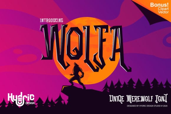 Bold halloween font, striking characters built for headline use — flexible enough to mix into werewolf, monster, or general "creature of the night" content.  Best for: Banner headlines, monster-themed branding.