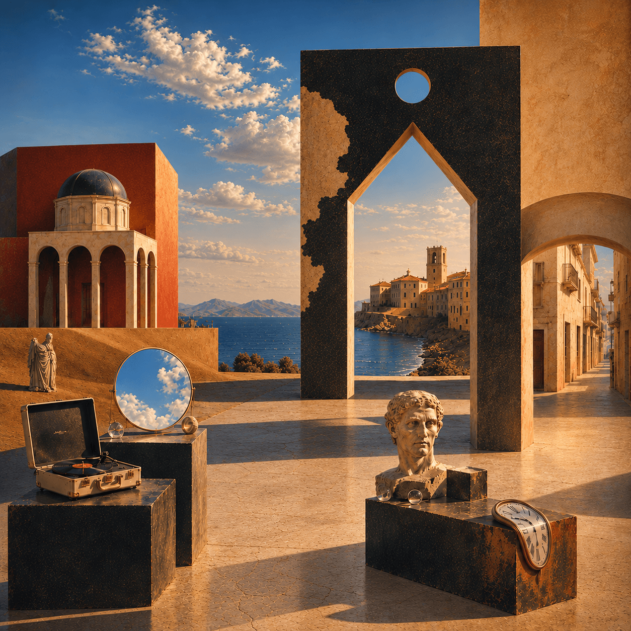 Urban International Beat Pack — surreal coastal architecture in warm gold and blue