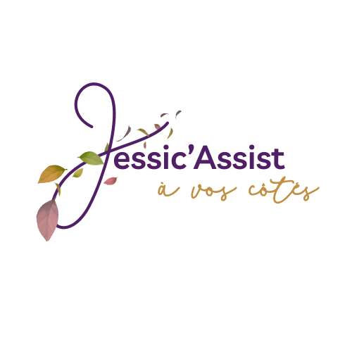 Logo Jessic'Assist: Jessic'assist à vos côtés avec des feuilles d'arbre le long du J