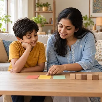 Calm parent at home with her child