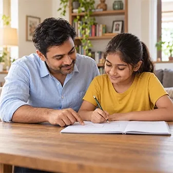Parent and child learning together at home