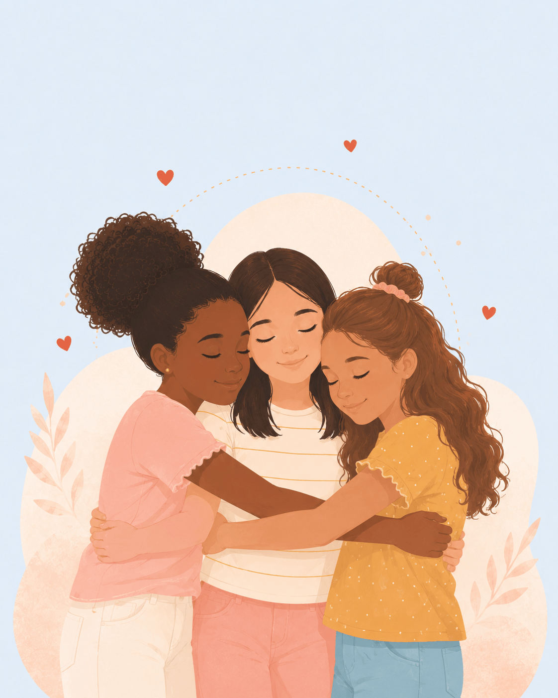Tres niñas abrazadas, seguras y juntas