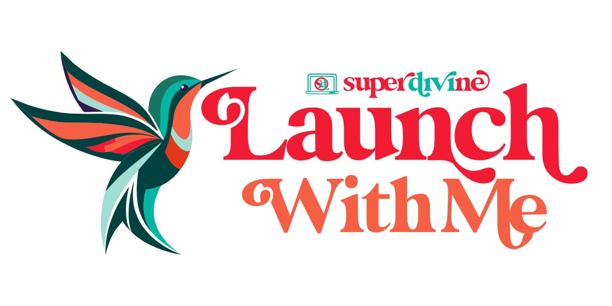 launch with me logo in warm red orange and teal green branding colours - hummingbird icon