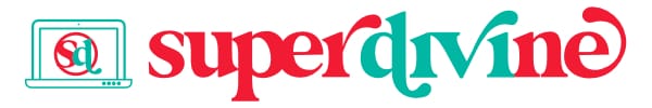 teal blue and warm red superdivine logo with a laptop icon