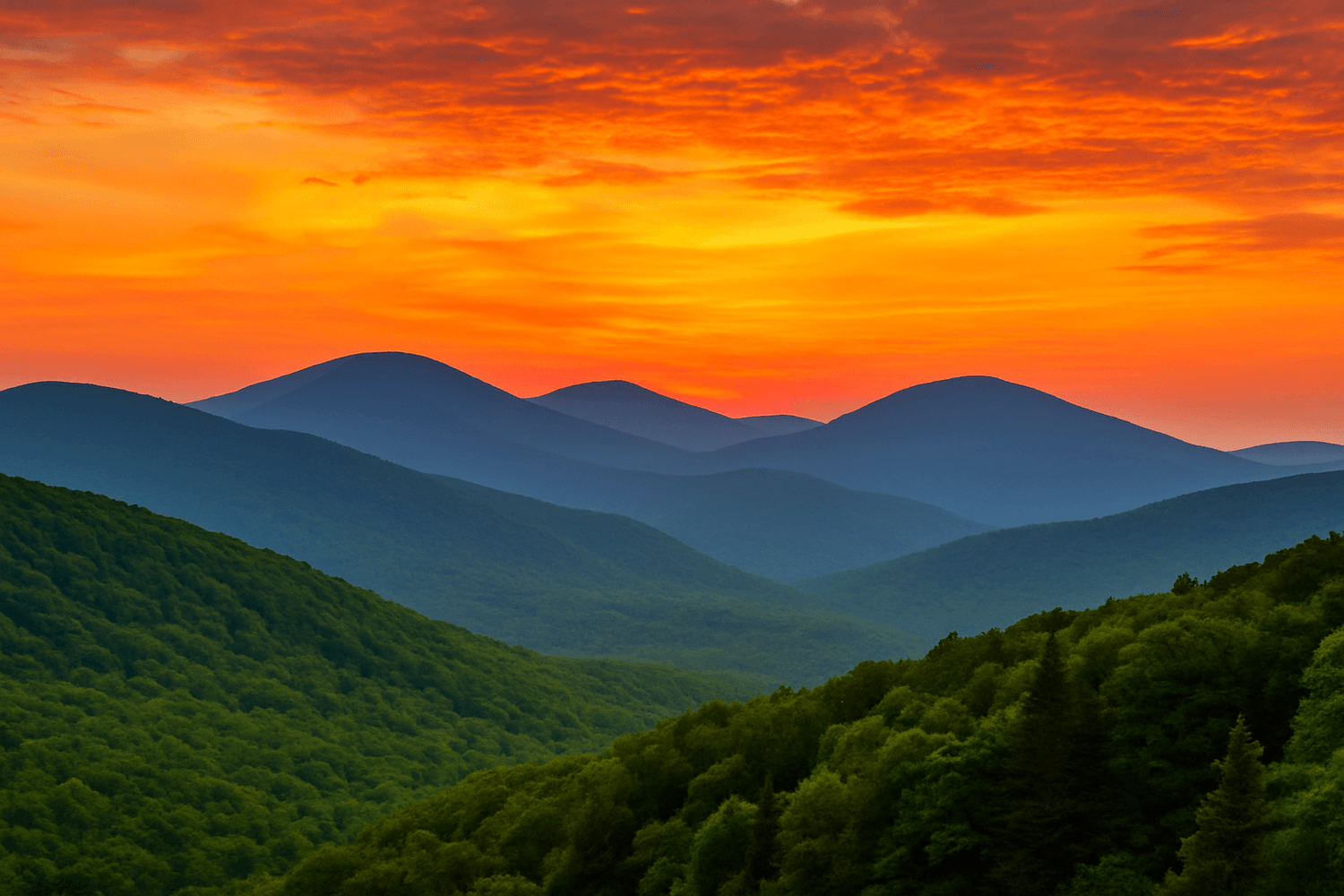 Vermont mountain view at sunset with orange and yellow sky, Vermont