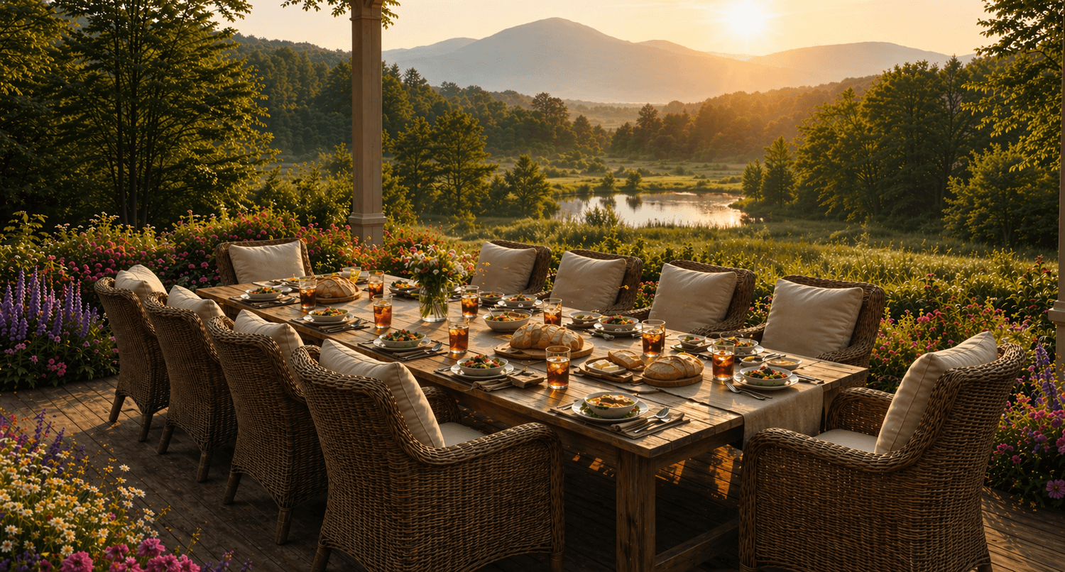 Al fresco dining table on a Vermont porch overlooking mountains, a pond, and lush greenery with healthy food and beverages