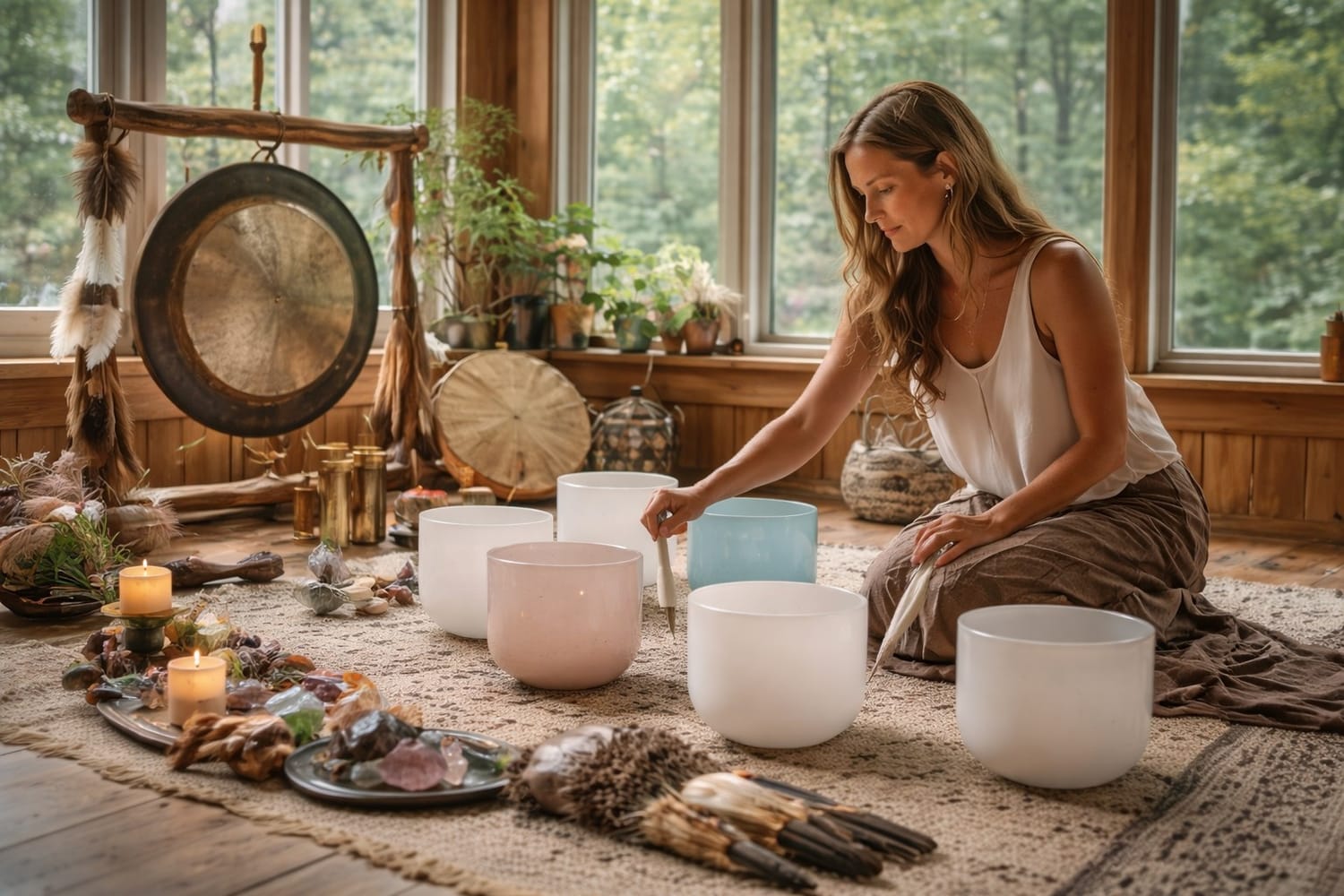 Sound healer playing crystal singing bowls with a gong in a rustic wood-floor studio overlooking lush greenery