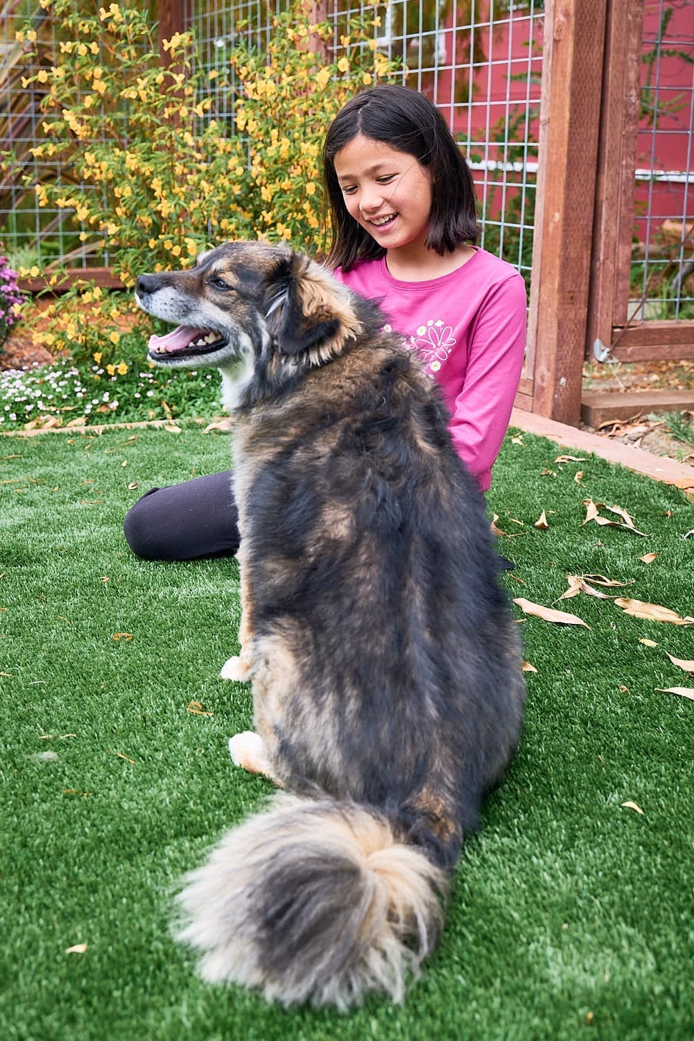Carys bonding with her dog — a confidence-building activity encouraging empathy and independence in kids.