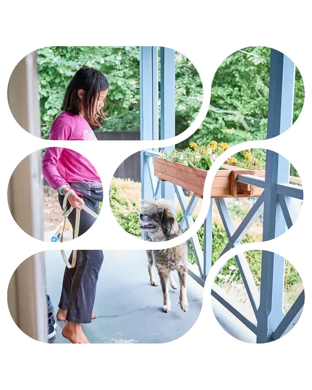Carys steps outside with her excited dog, engaging in practical life skills that support executive function in childhood.