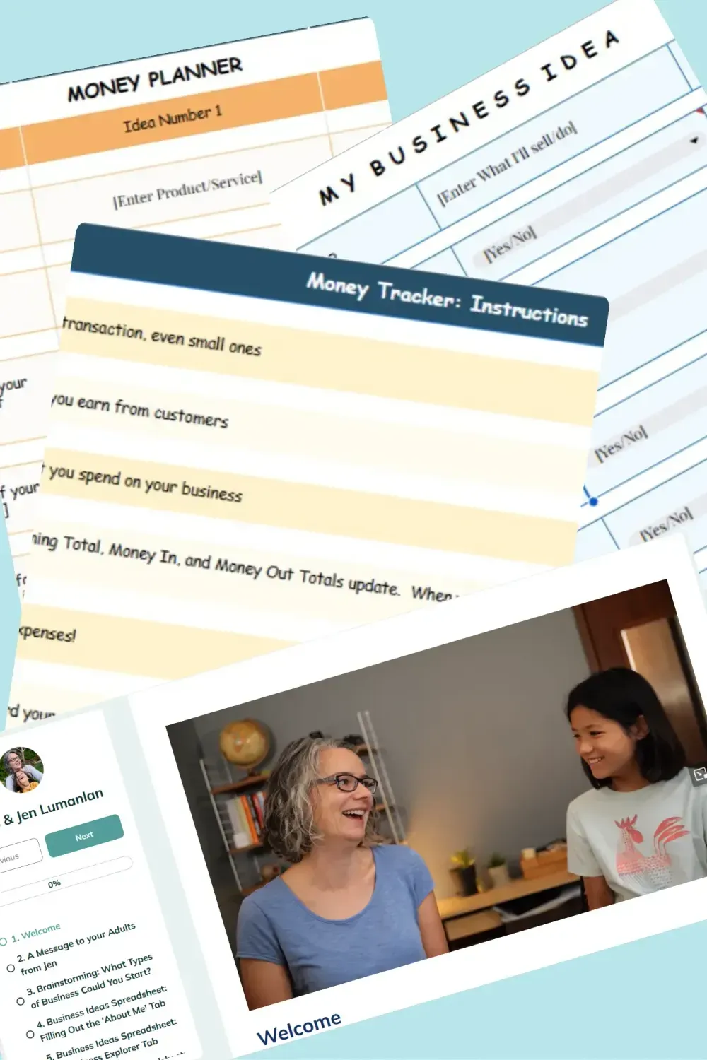 Mind Your Own Business courses for kids aged 8–12, teaching entrepreneurship, financial literacy, and practical life skills to build confidence and executive function.