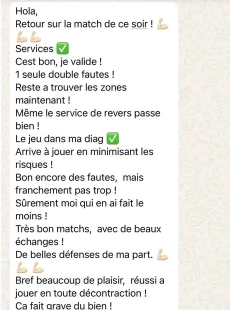 Message d'un élève : retour détaillé sur son match, une seule double faute