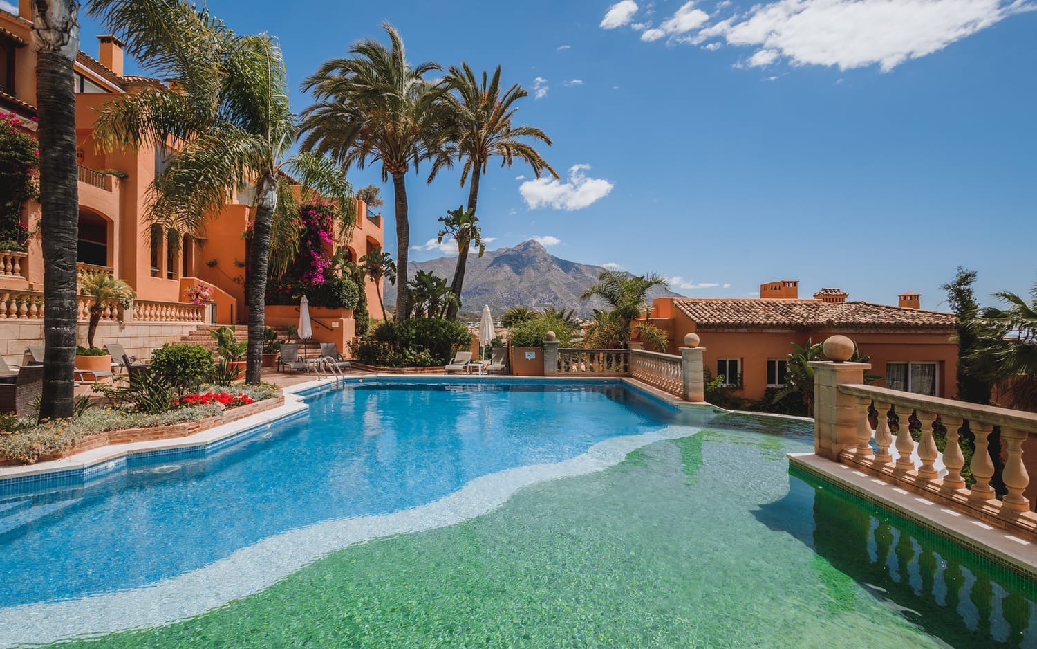 Villa à Marbella avec piscine et palmiers, vue montagne