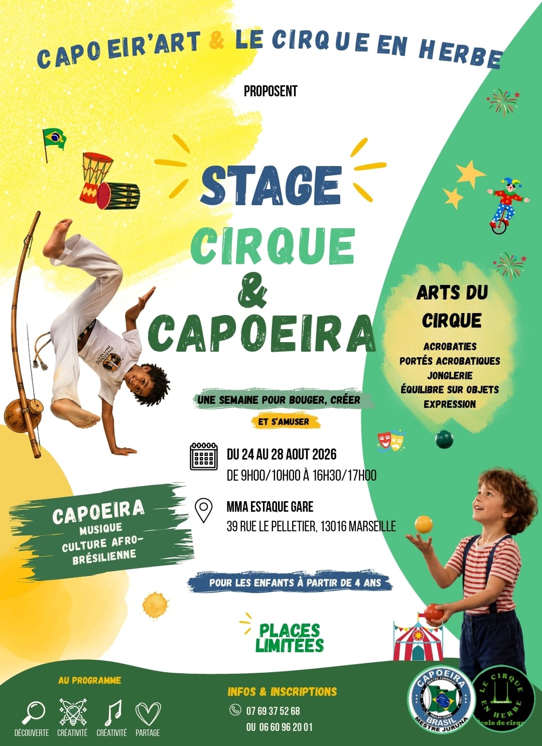 Stage cirque cappoeira jonglerie equilibre aeriens tissu