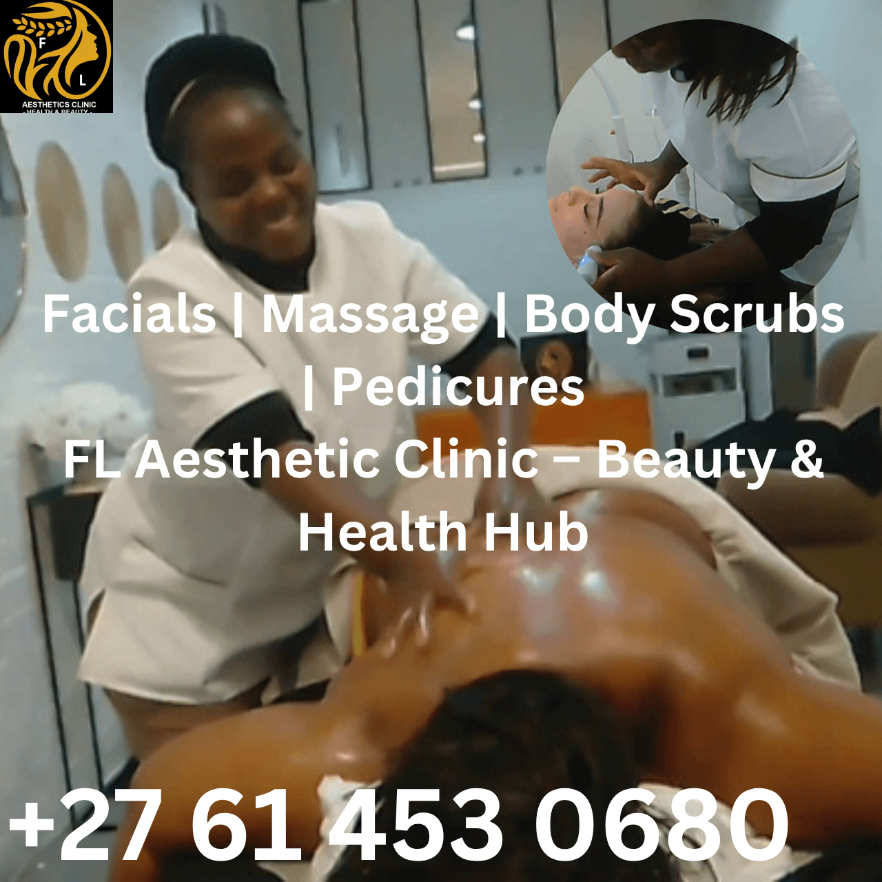 FL Aesthetic Clinic founder Esnarth Nkhata Gonolinje performing a professional facial treatment in a calming spa setting. The image showcases the clinic’s holistic approach to skincare, with warm branding in black, gold, and white, and an inviting ‘About Us’ message for new clients.