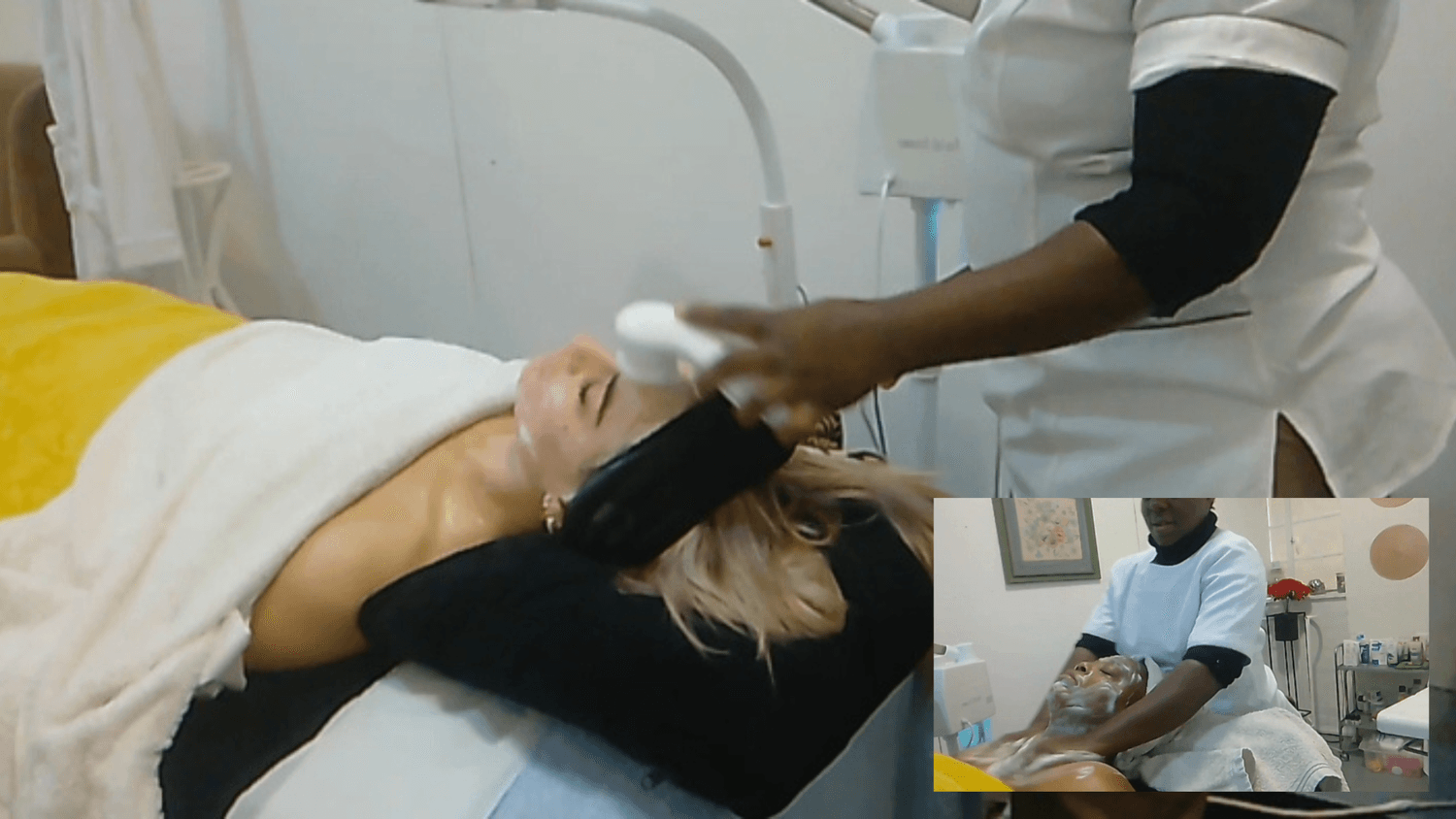 A brightening radiance facial in progress, featuring a professional applying glow-enhancing products to even out skin tone, fade dark spots, and boost luminosity for a visibly brighter, radiant complexion.