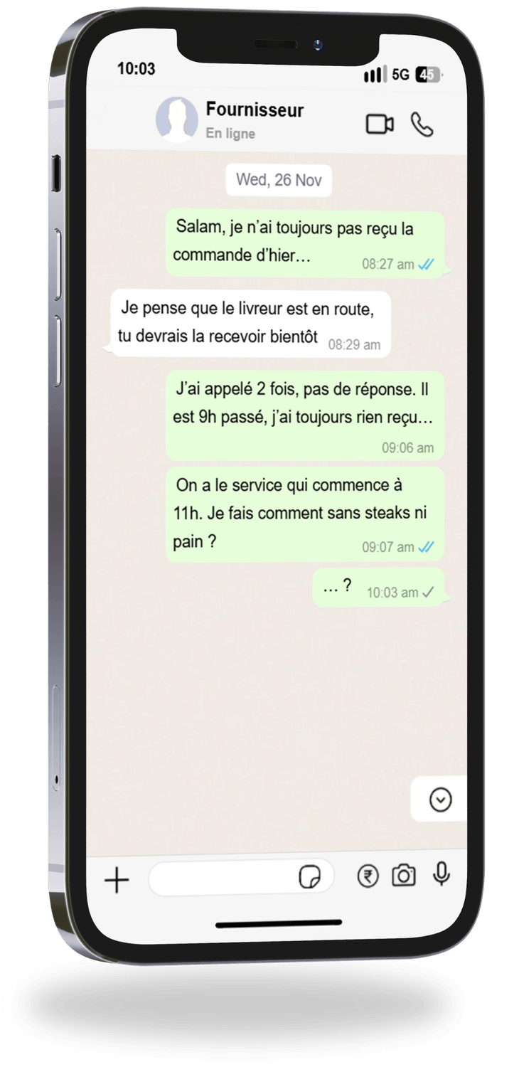 Conversation WhatsApp entre un restaurateur halal et son fournisseur à propos d’un retard de livraison