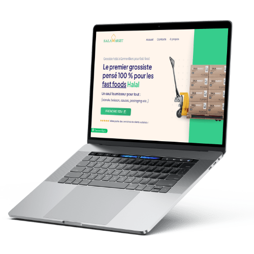 Ordinateur portable affichant la page d’accueil du site SalaMarket, grossiste halal pour fast foods