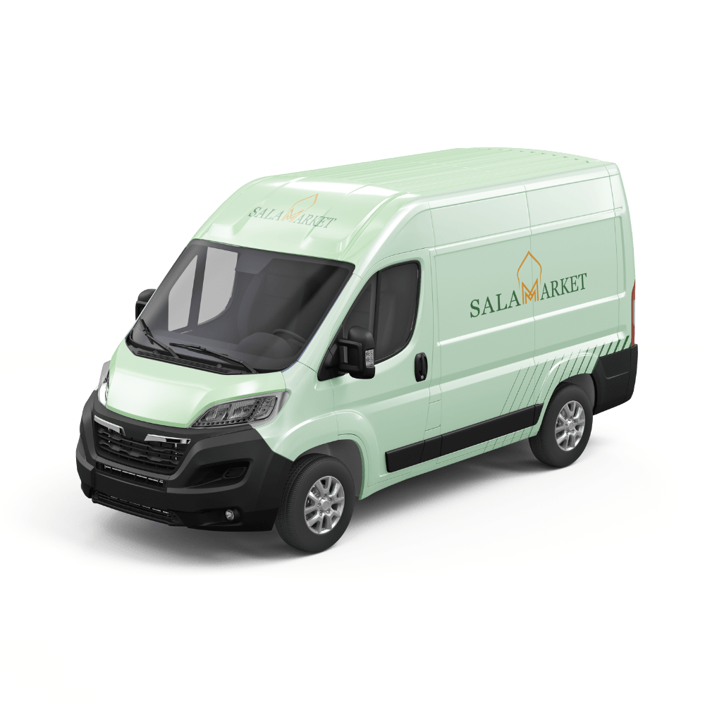 Camionnette de livraison SalaMarket avec branding vert clair, utilisée pour livrer des produits halal aux fast foods