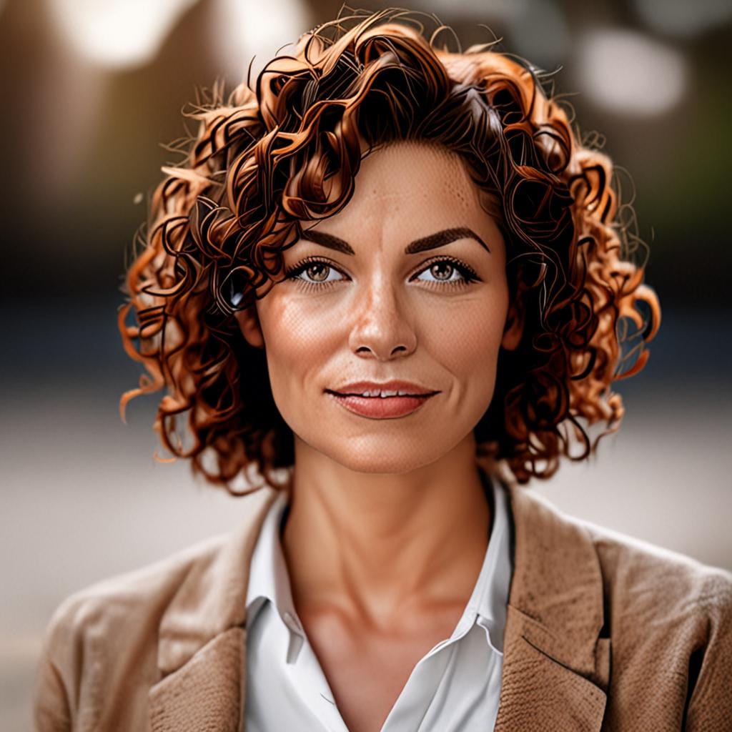 warm natural portrait of a woman coach with curly auburn hair, soft light, calm expression