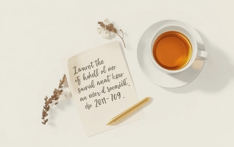 minimalist flat lay illustration of a handwritten letter, warm cup of tea, calm neutral tones, clean background