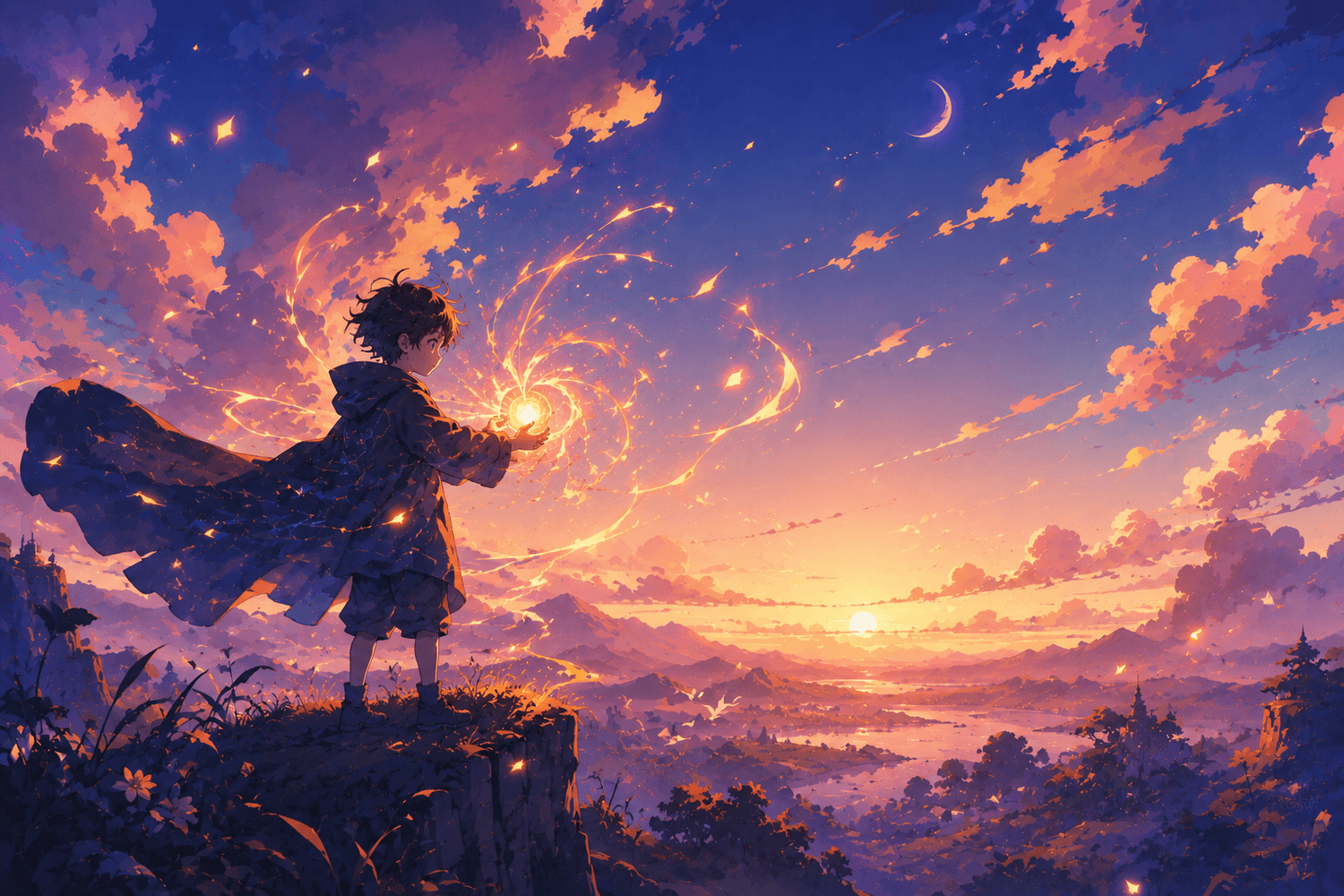 Paysage anime coucher de soleil