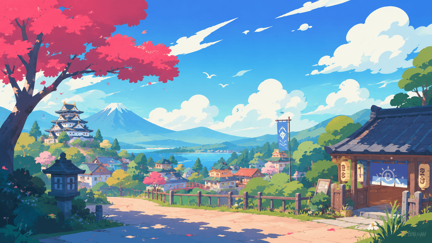 Paysage anime village cerisiers