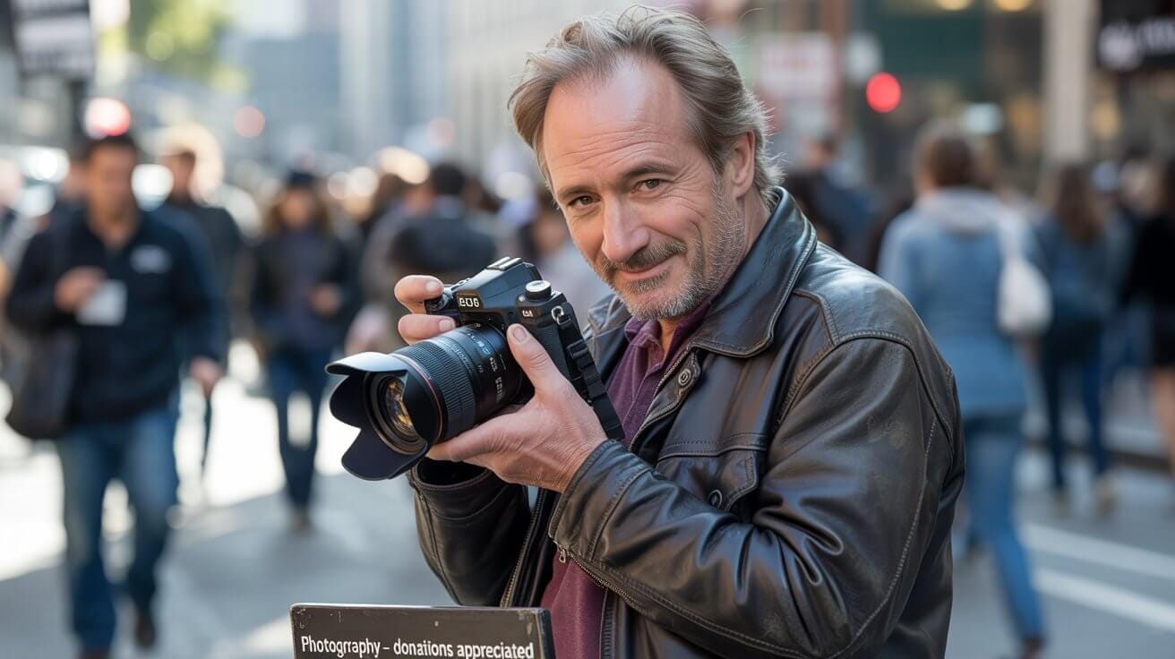 Mann mit professioneller Kamera fotografiert in der Stadt – symbolisch für Nebenverdienst mit Stockfotografie oder Content Creation.