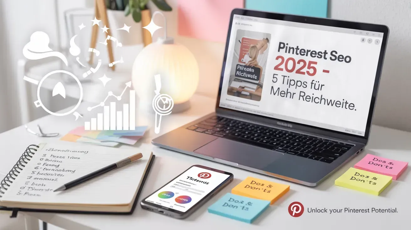 Kreativer Arbeitsplatz mit Laptop, der einen Pinterest-SEO-Artikel mit dem Titel „Pinterest SEO 2025 – 5 Tipps für mehr Reichweite“ zeigt. Daneben ein Smartphone mit Pinterest-Trends, ein Notizbuch mit SEO-Stichpunkten und bunte Post-its mit „Do’s & Don’ts“. Visuelle Symbole für Analyse, Wachstum und Keywords ergänzen die Szene. Modernes, helles Umfeld mit Fokus auf Pinterest-Marketing und Content-Optimierung.