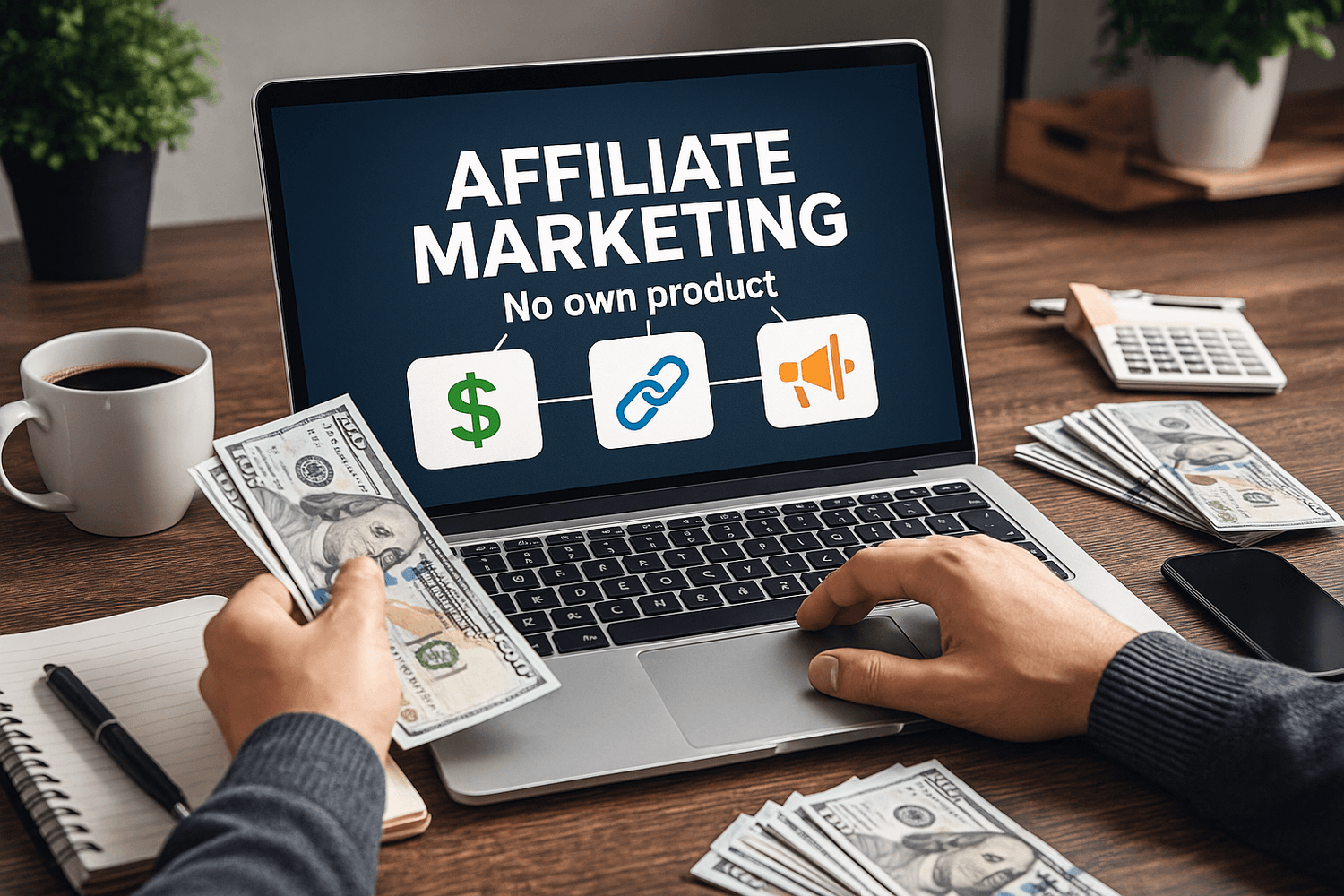 Laptop mit Affiliate-Marketing-Strategie ohne eigenes Produkt, Geldscheine und Notizbuch auf Schreibtisch als Symbol für passives Einkommen.