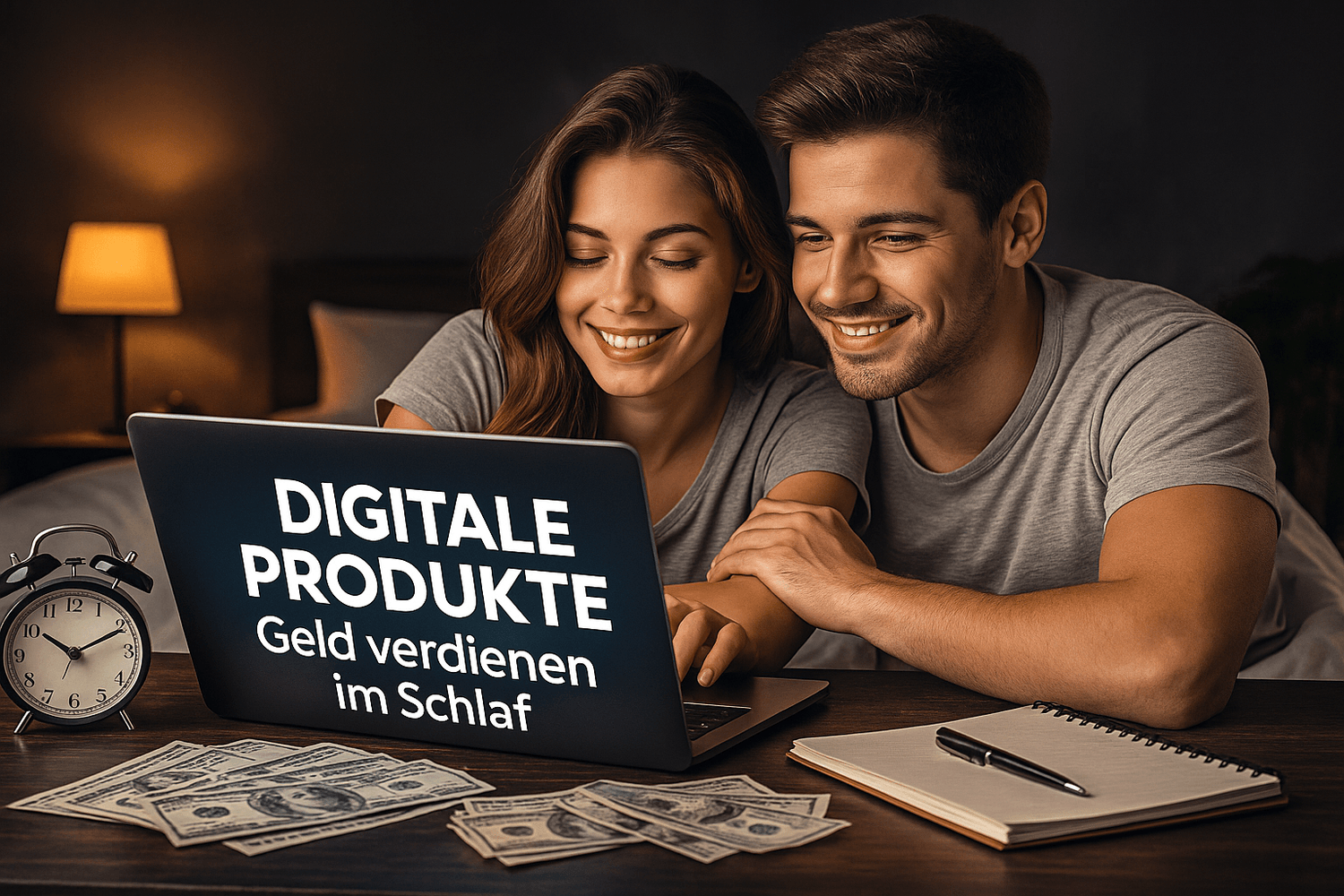 Junge Frau und junger Mann sitzen gemeinsam am Laptop mit Schriftzug Digitale Produkte – Geld verdienen im Schlaf, Geldscheine und Uhr als Symbol für passives Einkommen.