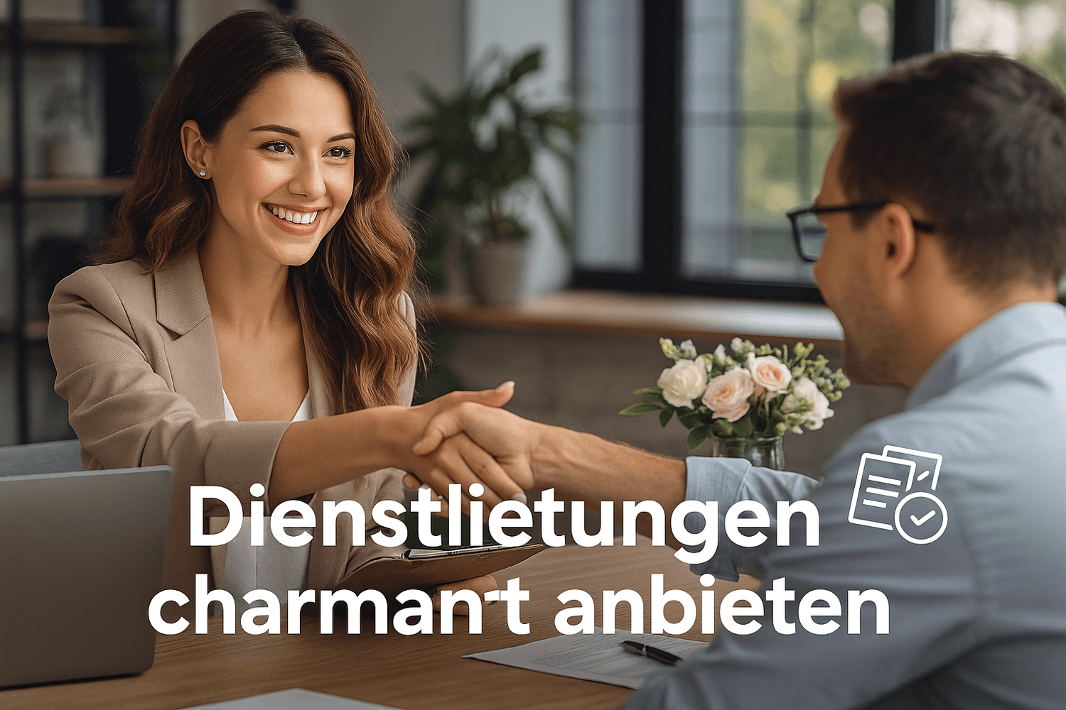 Junge Frau im Büro begrüßt Kunden mit Händedruck und freundlichem Lächeln – Symbol für Dienstleistungen charmant anbieten.