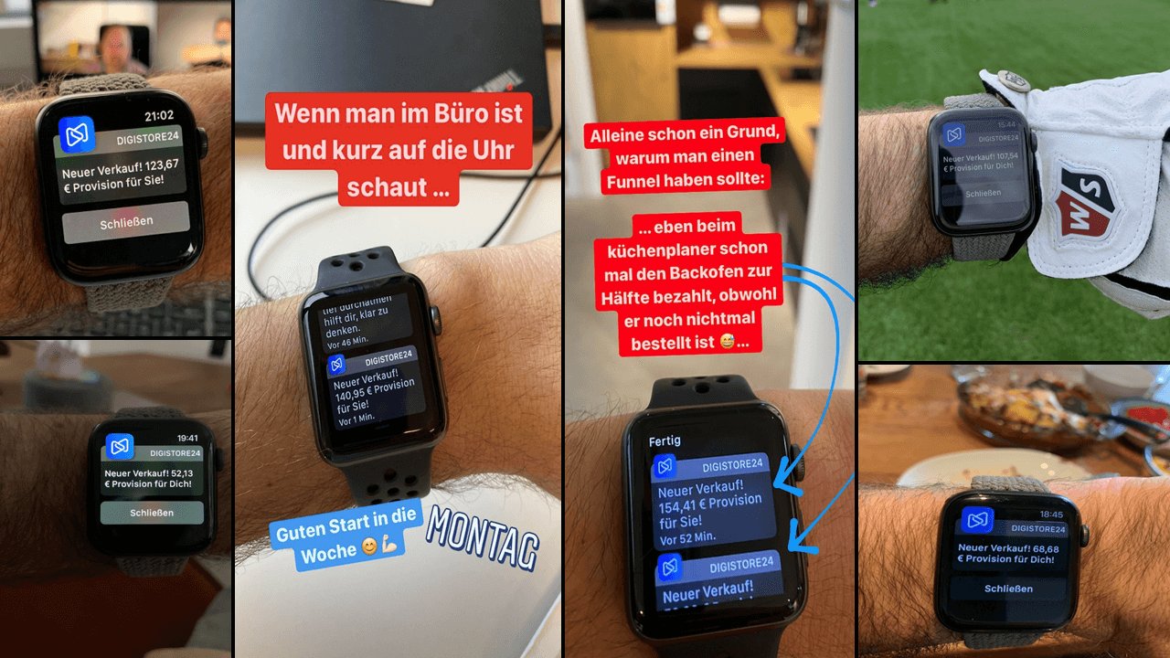 Bildcollage zeigt Digistore24-Meldungen über Verkäufe und Provisionen auf der Uhr – Beispiel für automatisierte Einnahmen durch Funnels.