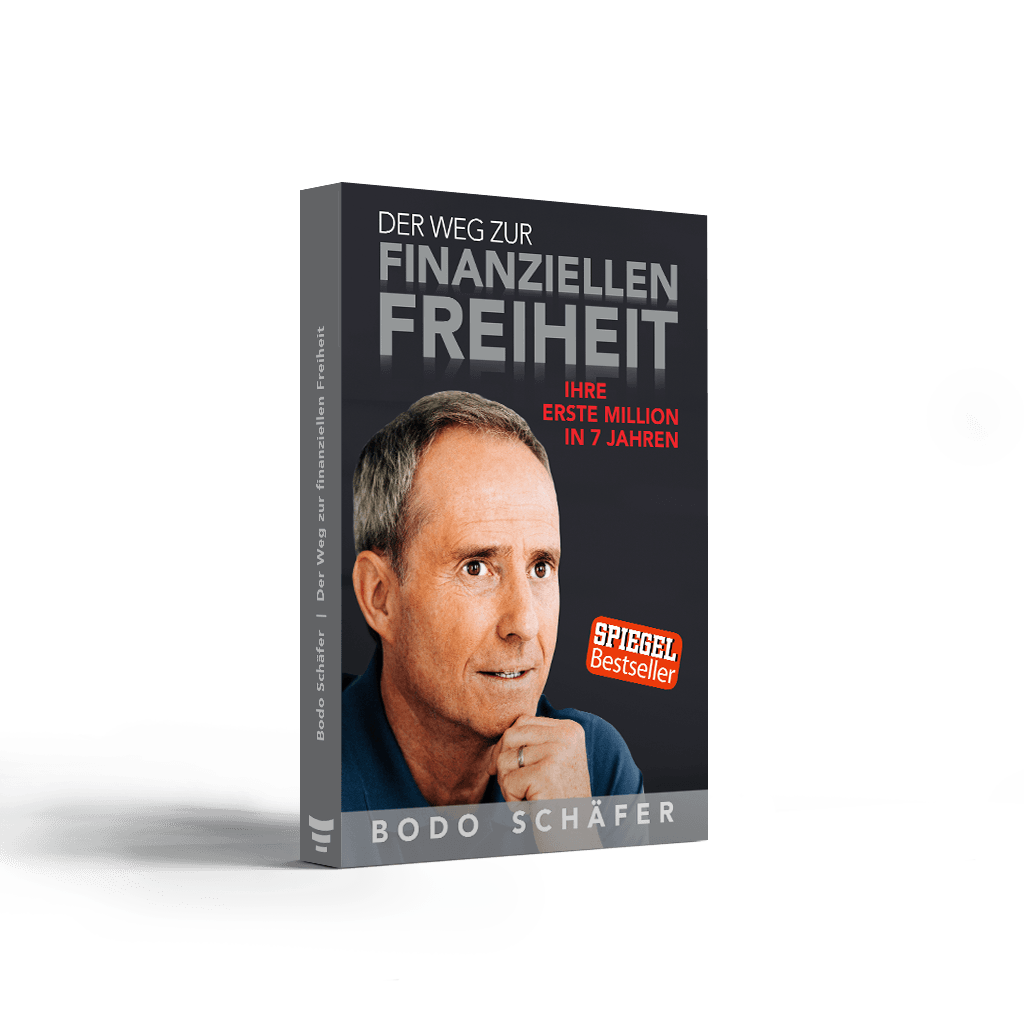 Das Buch „Der Weg zur finanziellen Freiheit“ von Bodo Schäfer ist aufrecht dargestellt und steht vor einem hellen, weich fallenden Hintergrund. Das Cover zeigt ein Porträt des Autors mit nachdenklichem Blick und ruhiger Ausstrahlung. Der Titel ist groß und klar gestaltet, ergänzt durch den Hinweis „Ihre erste Million in 7 Jahren“ sowie das Siegel „Spiegel Bestseller“.