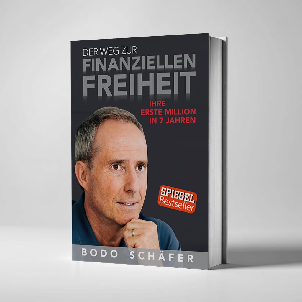 Buchcover „Der Weg zur finanziellen Freiheit“ von Bodo Schäfer, mit Porträt des Autors und Hinweis auf Million in 7 Jahren
