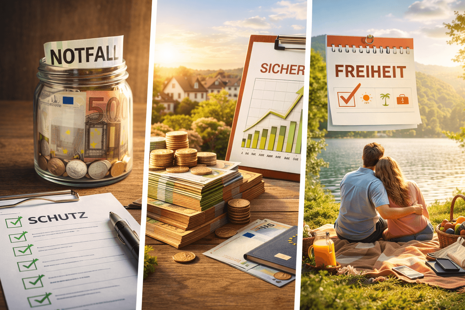 Dreigeteiltes Bild im 16:9 Format: links ein Sparglas mit Euro und Checkliste für Rücklagen, in der Mitte Geldstapel mit wachsendem Diagramm für Vermögensaufbau, rechts ein Paar am See bei Sonnenlicht als Symbol für finanzielle Freiheit und entspannten Alltag.