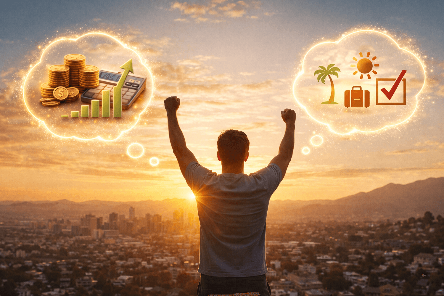 Person steht mit erhobenen Armen vor Sonnenuntergang über einer Stadt, darüber zwei Gedankenblasen: links Geld, Diagramm und Rechner für finanziellen Erfolg, rechts Symbole für Freiheit wie Sonne, Palme und Reisen.