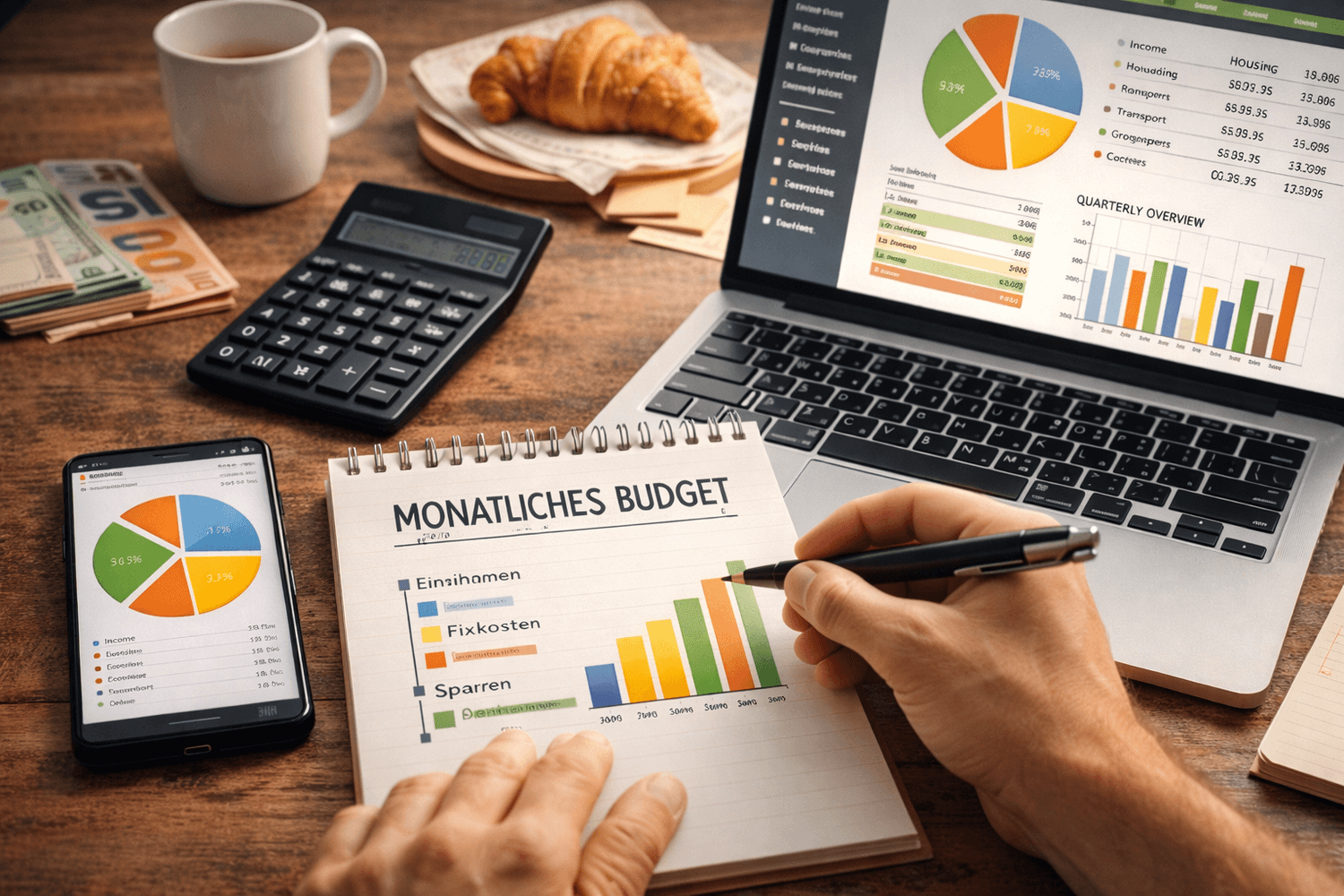 Person erstellt ein monatliches Budget auf einem Notizblock, daneben Laptop, Smartphone und Taschenrechner mit Diagrammen, Euro-Geld und Frühstück auf dem Tisch als Symbol für strukturiertes Geldmanagement im Alltag.
