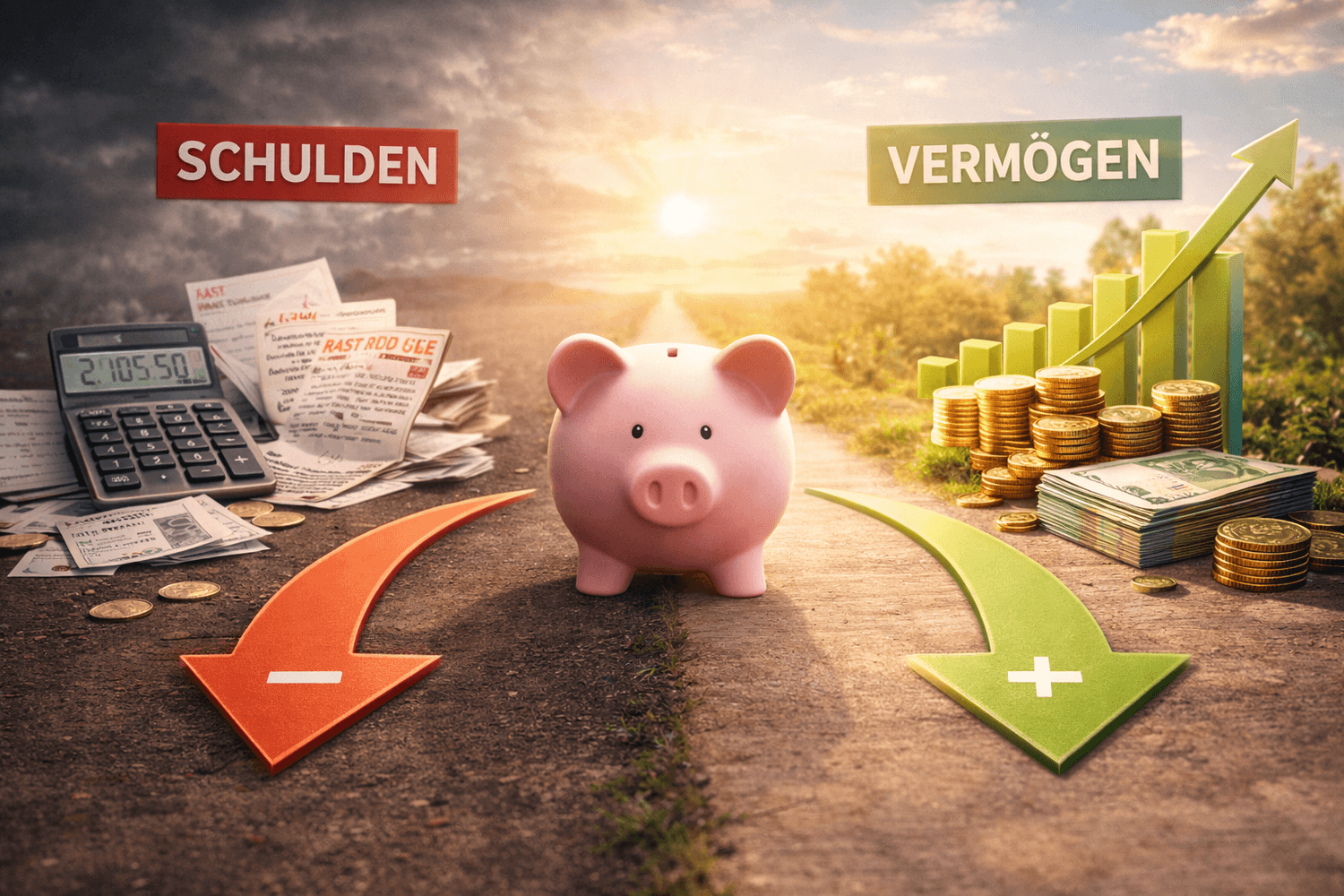 Sparschwein in der Mitte zwischen zwei Wegen: links Schulden mit Rechnungen und Taschenrechner, rechts Vermögensaufbau mit Geld, Diagramm und Aufwärtspfeil als Symbol für finanzielle Entwicklung.