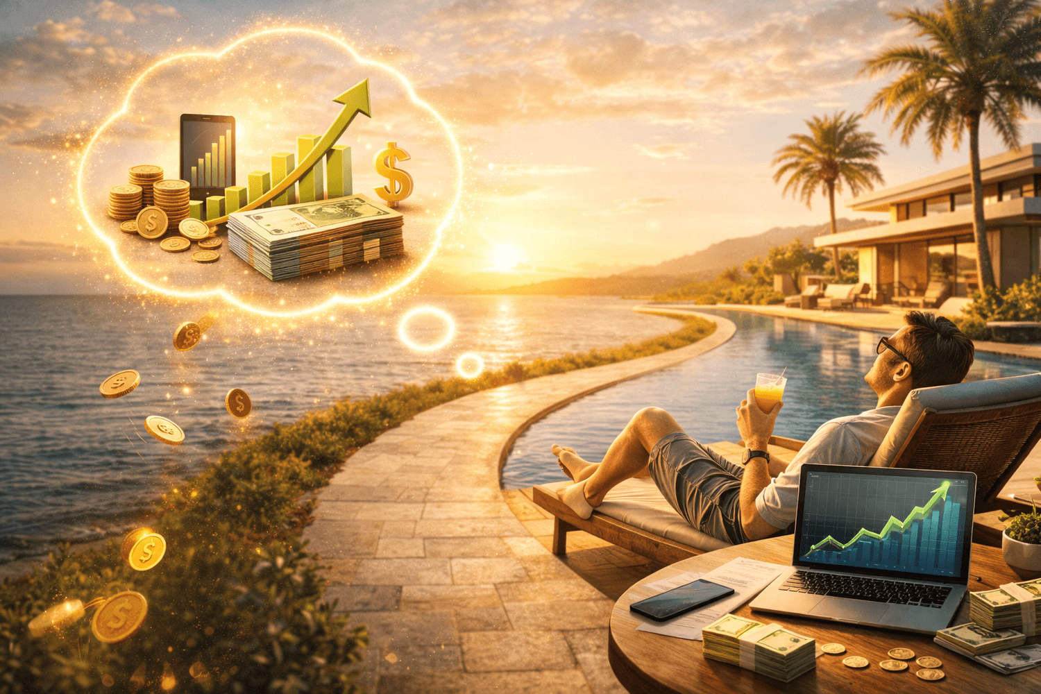 Person entspannt auf einer Liege am Pool mit Laptop und wachsendem Diagramm, darüber Symbole für passives Einkommen wie Geld, Smartphone und Aufwärtspfeil als Zeichen für finanzielle Freiheit und mehr Zeit.