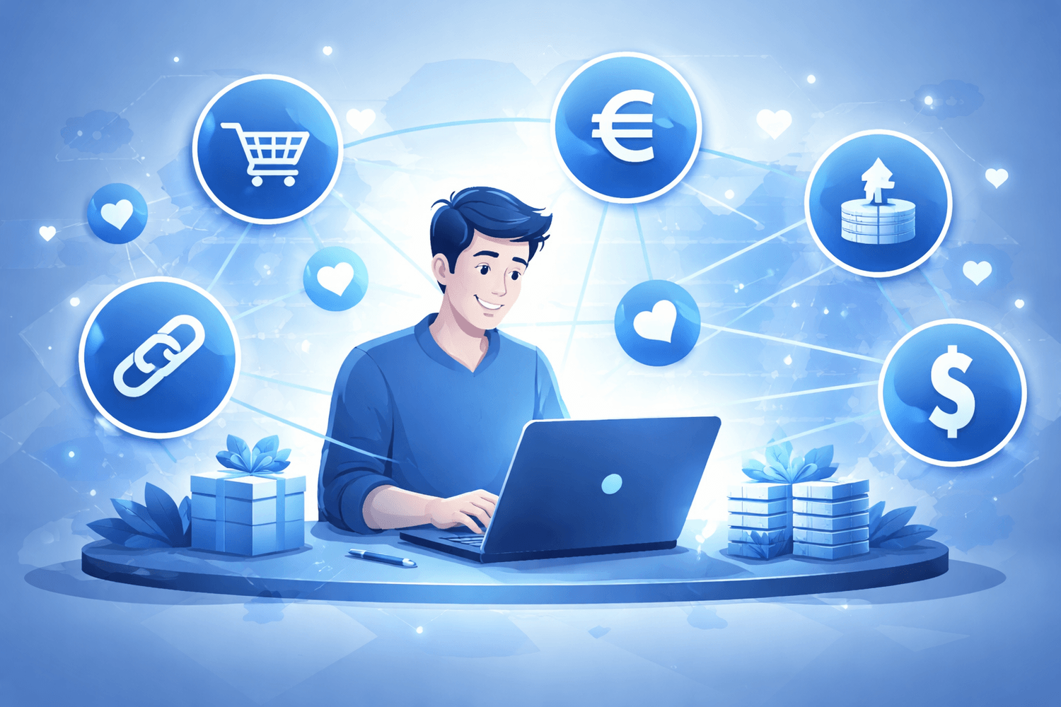 Affiliate Marketing ohne eigenes Produkt: Person am Laptop mit vernetzten Icons für Provision, Links und Online Einnahmen in Blau