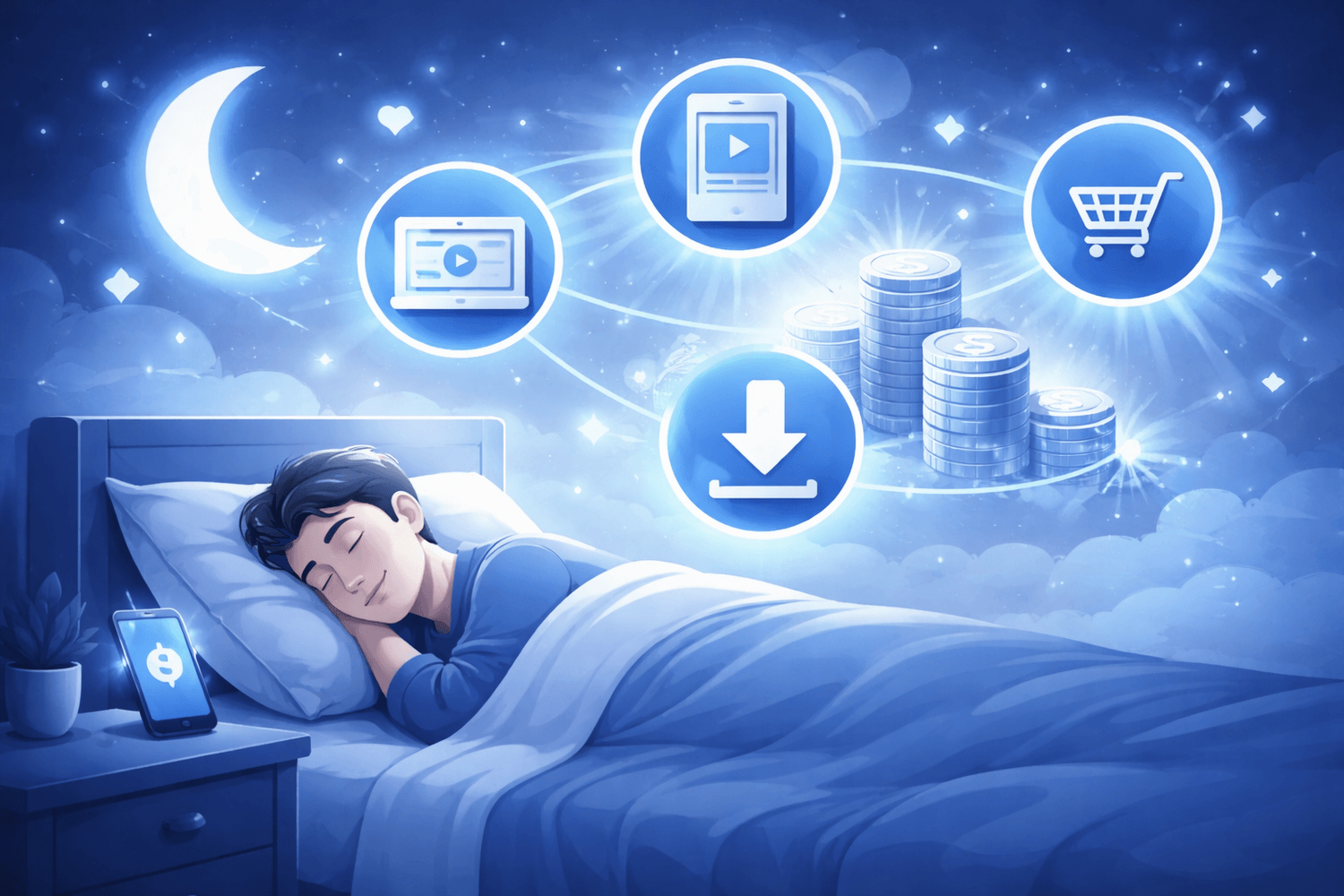 Digitale Produkte verkaufen im Schlaf: schlafende Person, Smartphone und Icons für Download, Kurs und Einnahmen in Blautönen