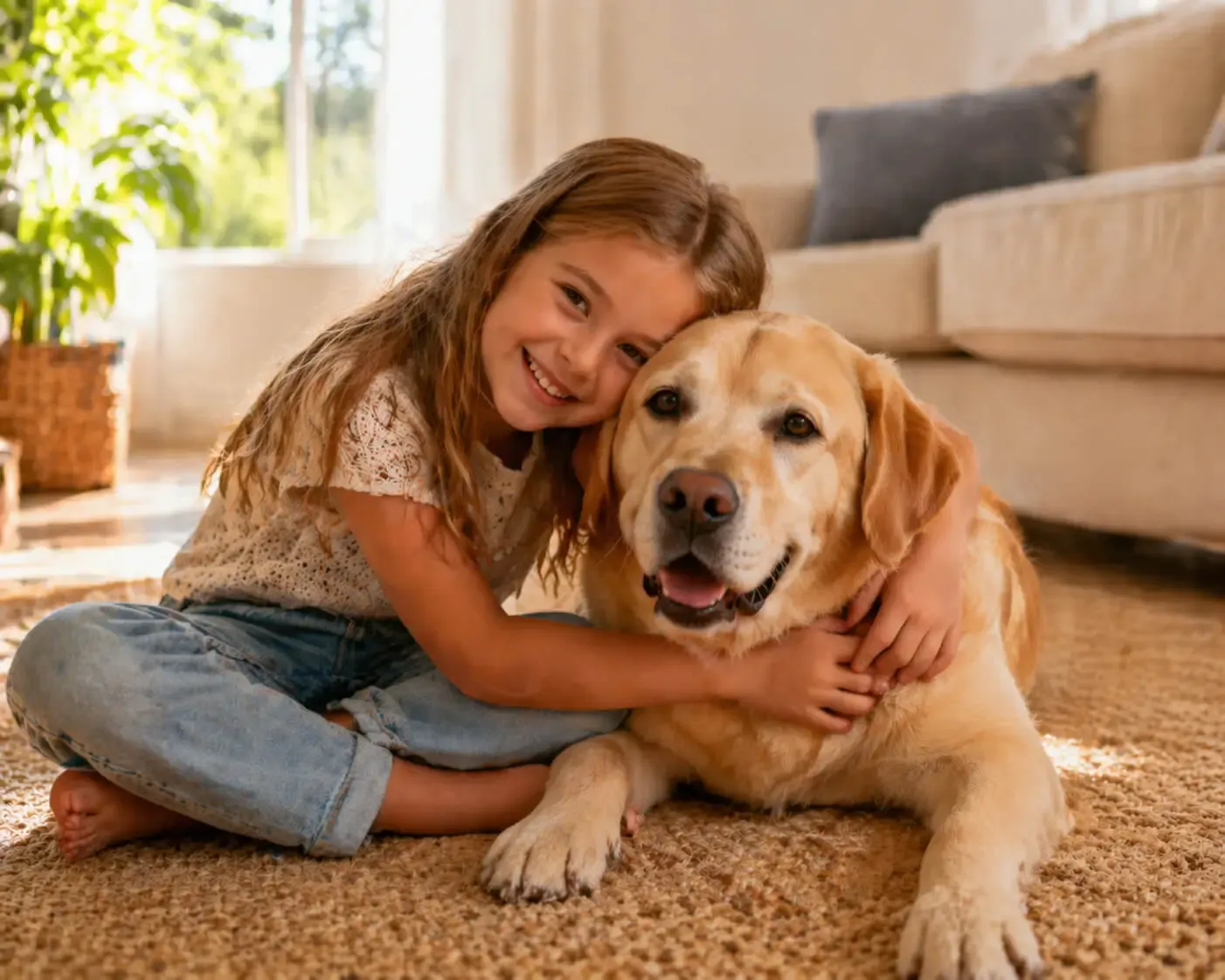 Junges Mädchen umarmt freundlichen Labrador im hellen Wohnzimmer, warmes Tageslicht, vertrauensvolle und natürliche Familienszene