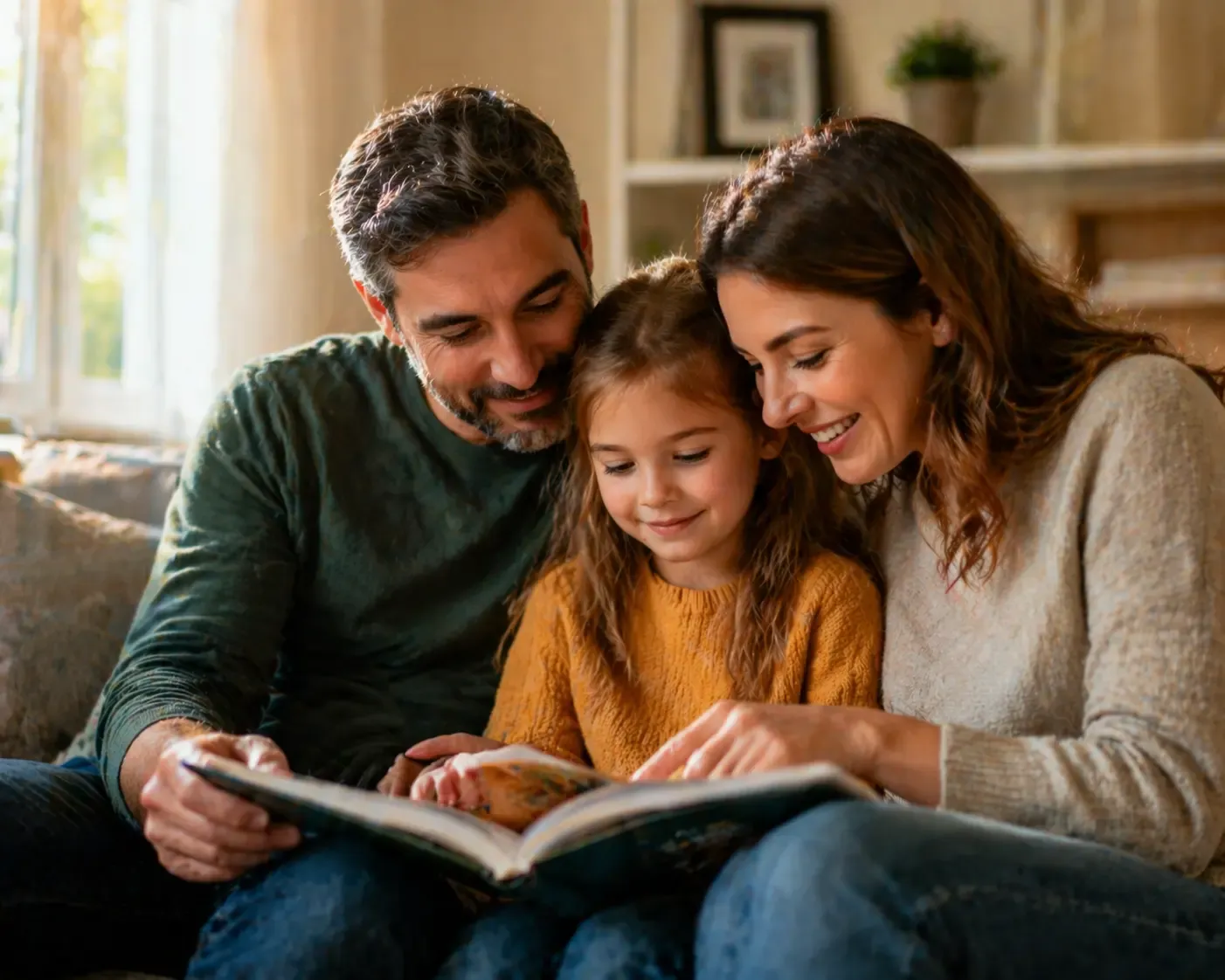 Eltern und Kind lesen gemeinsam ein Buch auf dem Sofa, warmes Tageslicht, ruhige und konzentrierte Familienatmosphäre