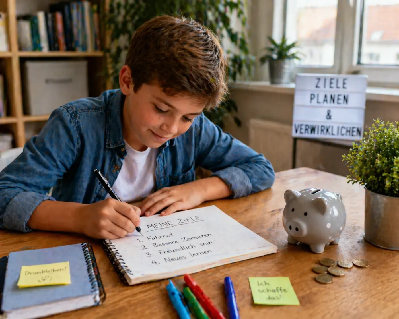 Kind schreibt Ziele auf Papier am Tisch, Sparschwein und Münzen daneben, motivierende Lernumgebung mit natürlichem Licht