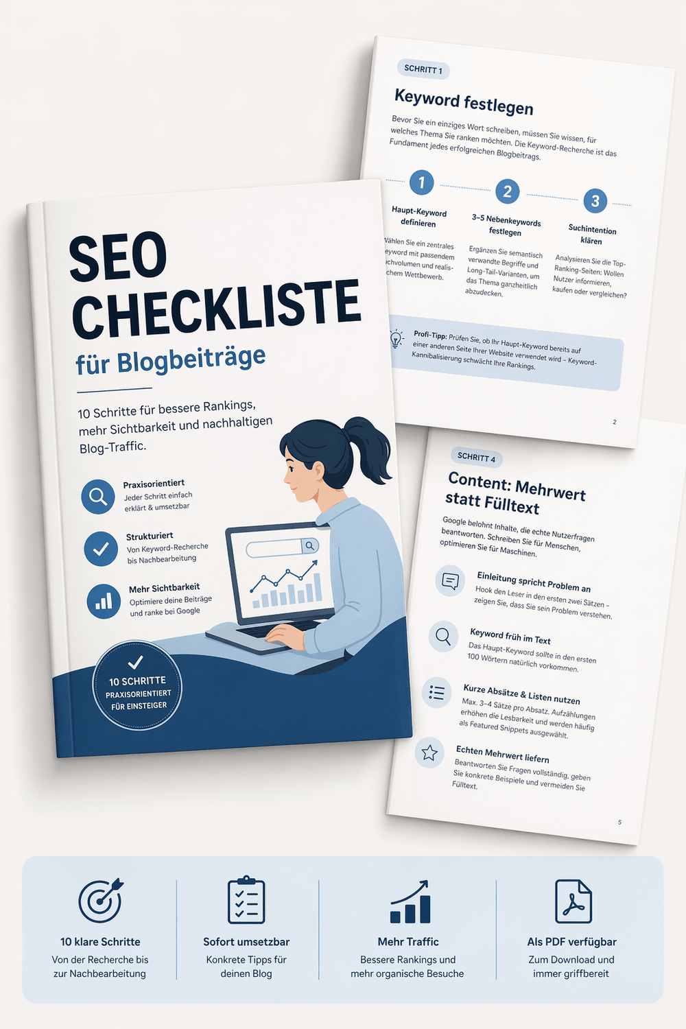 Mockup einer SEO-Checkliste für Blogbeiträge als modernes E-Book, mit Cover und geöffneten Seiten auf hellem Hintergrund, zeigt strukturierte Inhalte zu Keyword-Recherche, Content-Optimierung und besseren Google-Rankings.