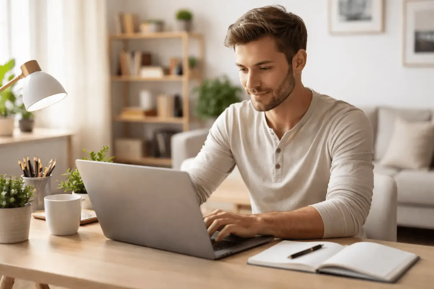 Laptop arbeiten zuhause – Mann sitzt entspannt am Laptop im hellen Homeoffice, sauberer Arbeitsplatz, fokussiertes Arbeiten und produktives Online Business Umfeld