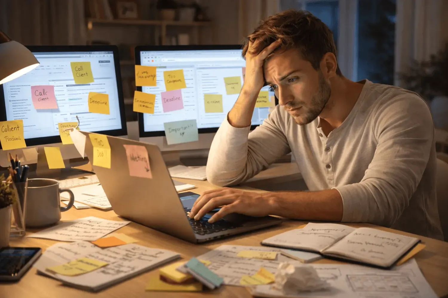 Überfordert am Laptop – Mann sitzt gestresst vor Laptop mit vielen Tabs, Notizen und Bildschirmen, chaotischer Arbeitsplatz, typischer Anfänger im Online Business zuhause