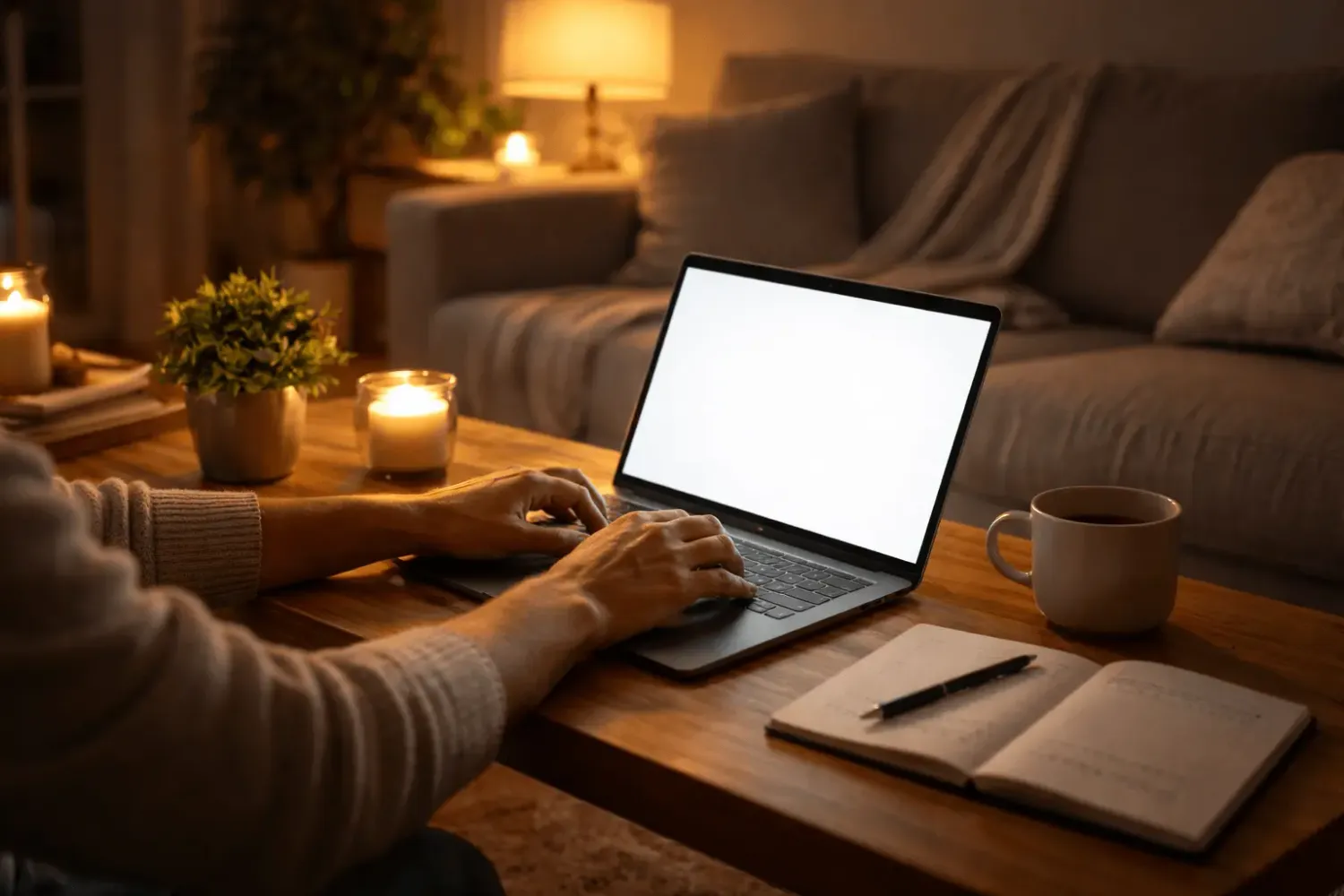 Laptop arbeiten nachts – Person sitzt entspannt am Laptop in gemütlicher Umgebung mit warmem Licht, zeigt flexibles Arbeiten von zuhause und ortsunabhängiges Online Business