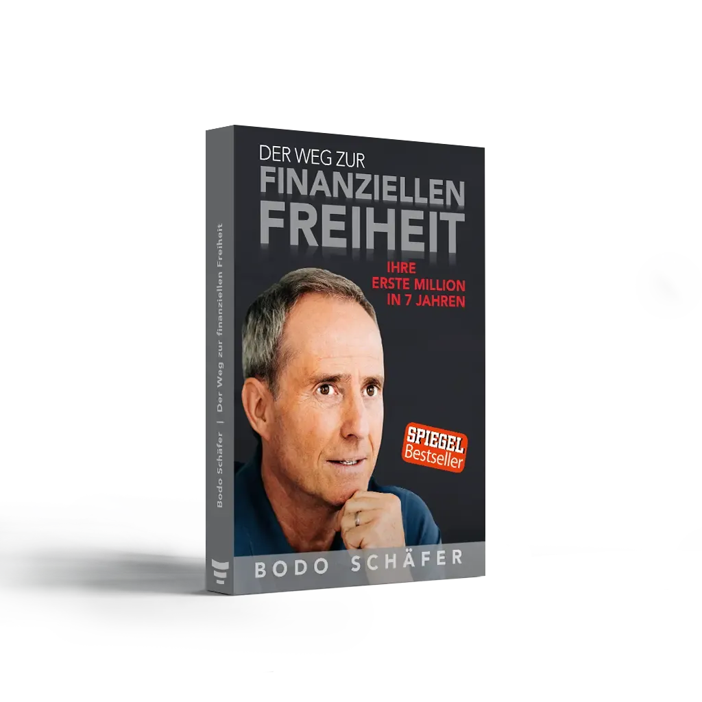 Das Buch „Der Weg zur finanziellen Freiheit“ von Bodo Schäfer ist aufrecht dargestellt und steht vor einem hellen, weich fallenden Hintergrund. Das Cover zeigt ein Porträt des Autors mit nachdenklichem Blick und ruhiger Ausstrahlung. Der Titel ist groß und klar gestaltet, ergänzt durch den Hinweis „Ihre erste Million in 7 Jahren“ sowie das Siegel „Spiegel Bestseller“.